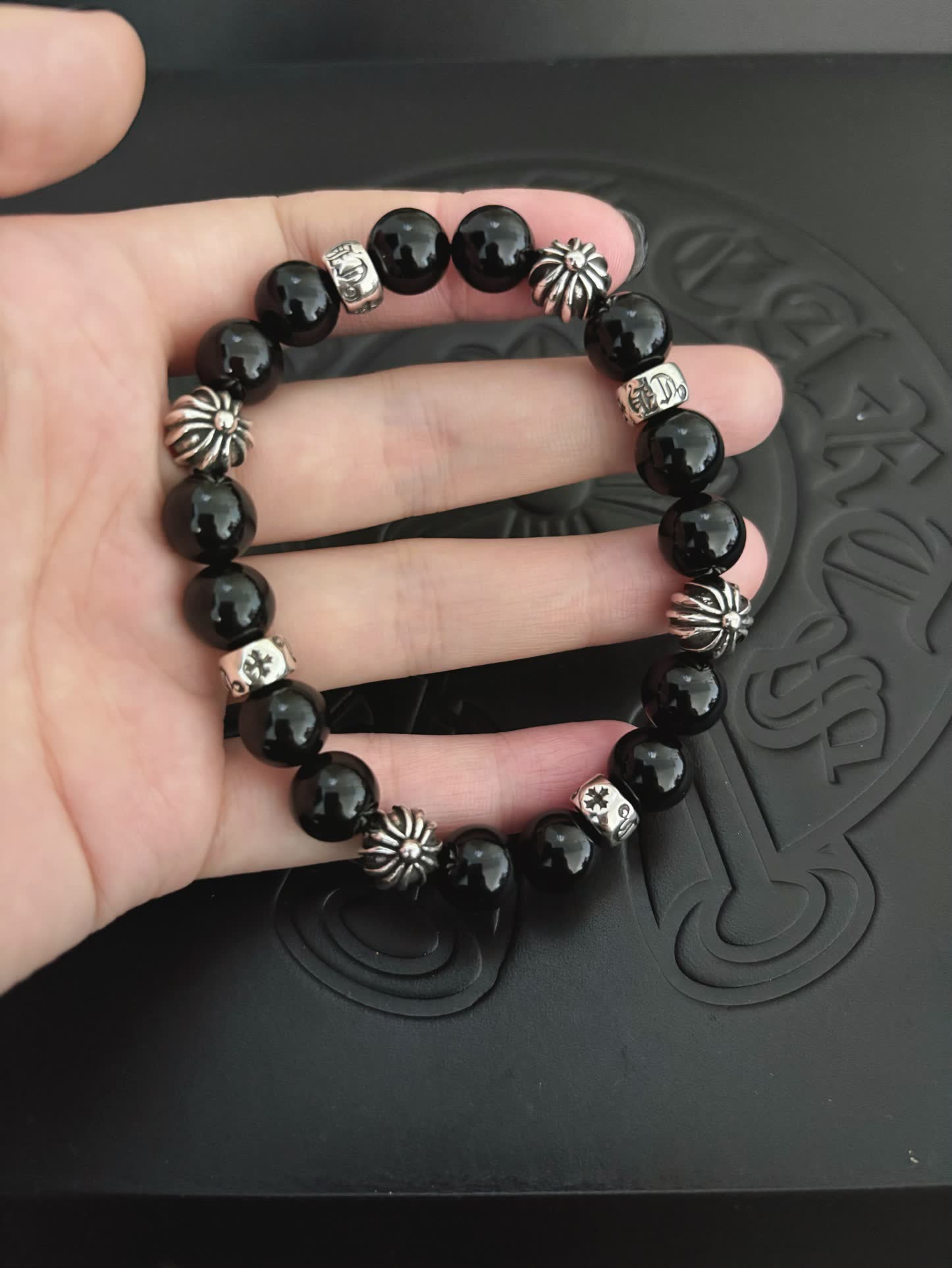 Chrome Hearts Elegant Black Bead Bracelet with Silver Accents